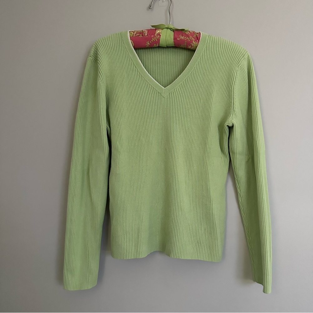 Croft & Barrow Ribbed Green Long Sleeve V Neck Top
